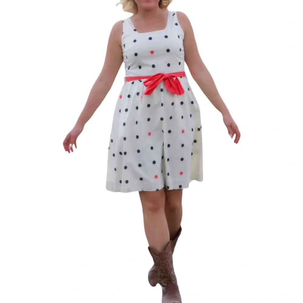 Garnet Hill A-Line Polka Dot Sleeveless Dress w/Tie Belt in Cream Size 6 - Picture 5 of 13